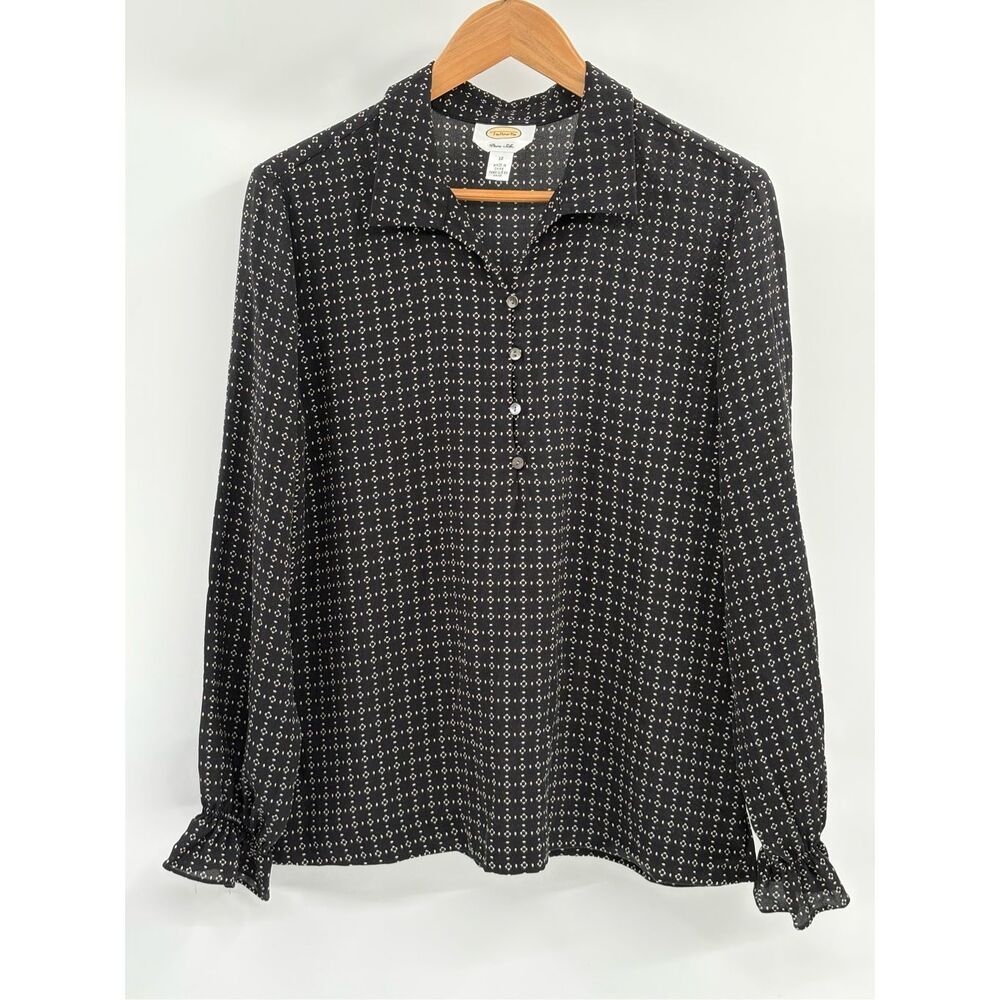 Talbots Silk Top Blouse‎ Women Size 12 Large Black Sheer Geometric Ruffle Collar